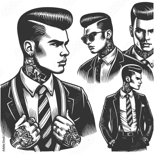 punk rocker businessman with mohawk in formal suit, rebellion and sophistication sketch engraving generative ai fictional character vector illustration. Scratch board imitation. Black and white image.