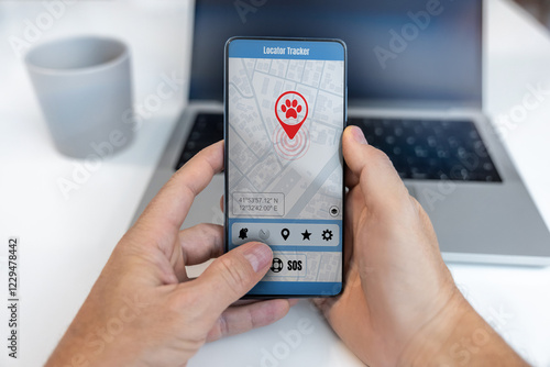 Pet locator app on smartphone. Remote find puppy in real time and follow. GPS phone application