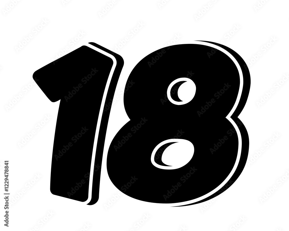 Stylized black number 18 on transparent background, with a bold, 3D appearance and shadow effects for added depth and dimension. Stylized black number 18 on transparent background, with a bold, 3D appearance and shadow effects for added depth and dimension.