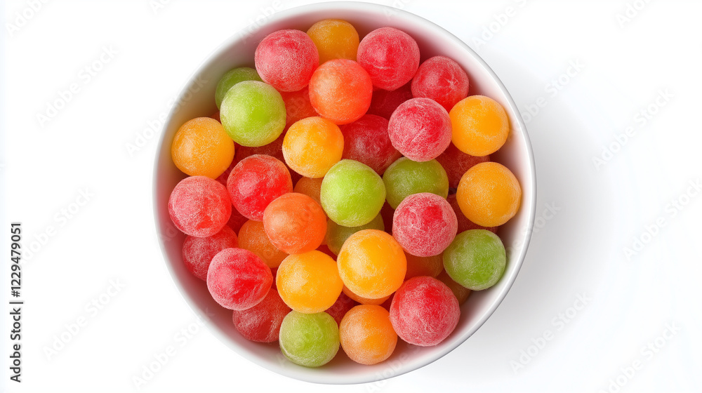 Bowl of colorful melon balls candy on white background. Colorful melon balls candy filling white bowl, creating vibrant and tempting display on clean white background. Sweet treat concept Bowl of colorful melon balls candy on white background. Colorful melon balls candy filling white bowl, creating vibrant and tempting display on clean white background. Sweet treat concept