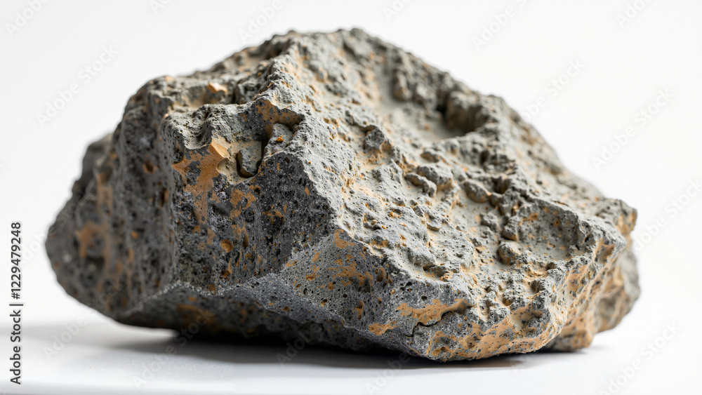 A rugged, textured rock isolated on white background, showcasing geological features, ideal for educational materials, nature campaigns, design projects, and marketing visuals. A rugged, textured rock isolated on white background, showcasing geological features, ideal for educational materials, nature campaigns, design projects, and marketing visuals.