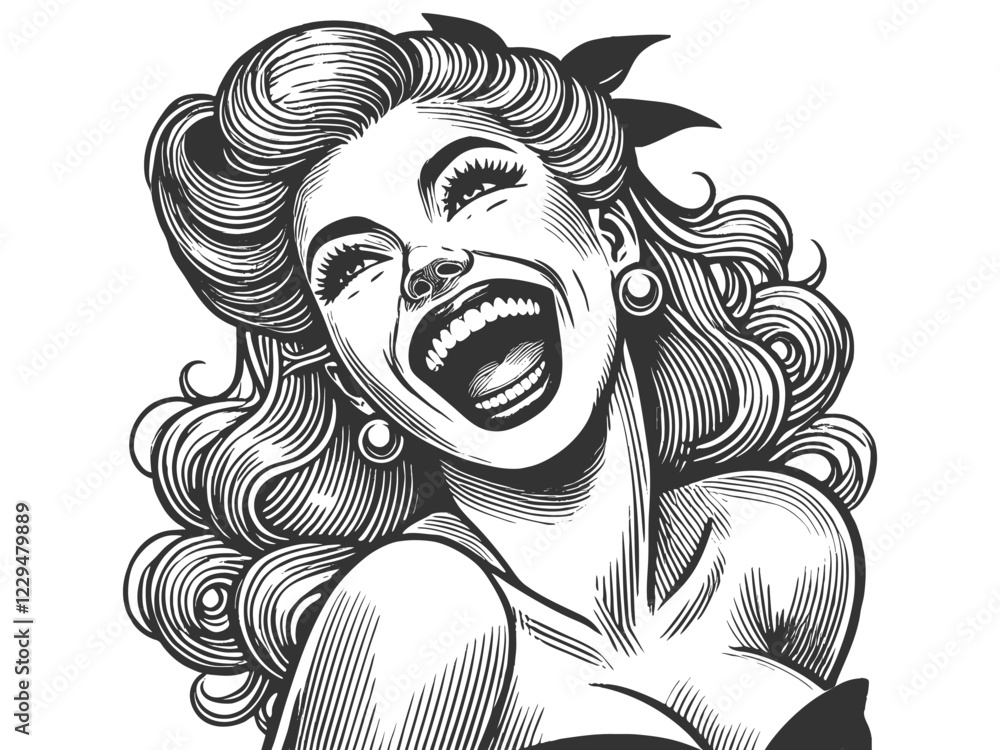 Fototapeta premium Crazy mad woman laughing joyfully with an expressive and dynamic pose sketch engraving generative ai fictional character vector illustration. Scratch board imitation. Black and white image.