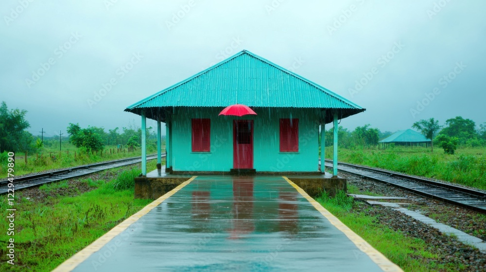 A vibrant train station in the rain with a turquoise building and red umbrella, creating a serene and colorful atmosphere. A vibrant train station in the rain with a turquoise building and red umbrella, creating a serene and colorful atmosphere.