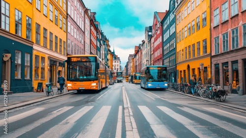 A vibrant street scene with colorful buildings, buses, and pedestrians in an urban setting, showcasing city life and public transport.