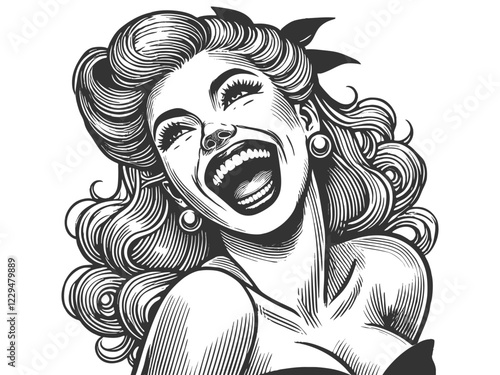 Crazy mad woman laughing joyfully with an expressive and dynamic pose sketch engraving generative ai fictional character vector illustration. Scratch board imitation. Black and white image.