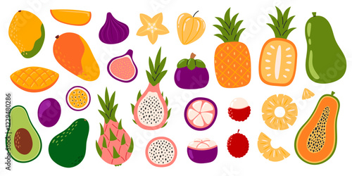 Set of different exotic fruits.  Collection of organic vitamins and healthy nutrition. Pitahaya, pineapple, mango, lychee, pitahaya, passion fruit, carambola, mangosteen. Flat Vector illustration