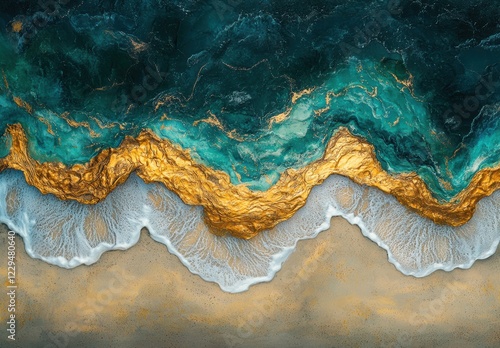 Captivating Aerial View of Turquoise Ocean Waves Meeting Golden Shoreline on Sandy Beach Under Bright Sunlight