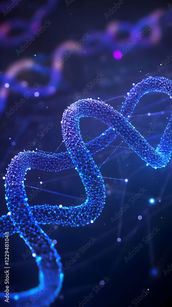 Abstract 3D DNA Strand Illustrates Genetic Data with Glowing Blue Network Connections in Dark Background. Abstract 3D DNA Strand Illustrates Genetic Data with Glowing Blue Network Connections in Dark Background.