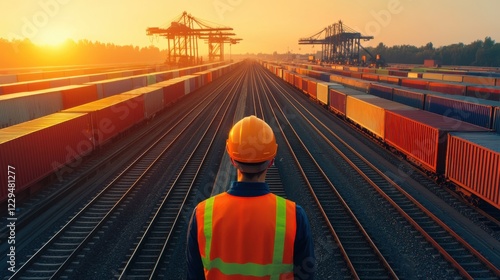 A worker in safety gear observes a freight yard at sunset, surrounded by containers and railway tracks, symbolizing logistics and commerce. photo