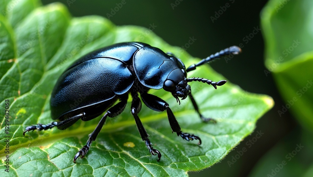 Closeup of a dark beetle on green leaf Closeup of a dark beetle on green leaf
