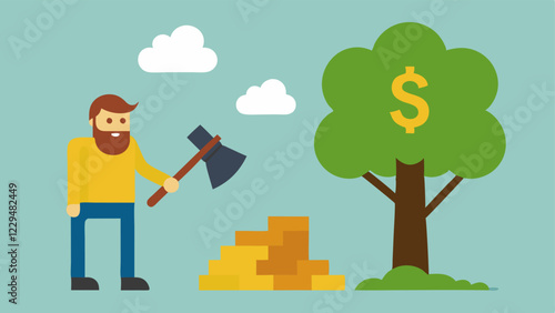 Timber Investment A lumberjack chopping wood next to a tree with dollar signs symbolizing timber land as a natural hedge against inflation.
