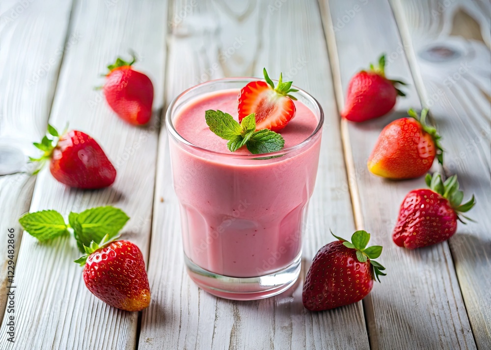 Creamy pink strawberry yogurt smoothie, packed with protein. A delicious and healthy milkshake alternative. Creamy pink strawberry yogurt smoothie, packed with protein. A delicious and healthy milkshake alternative.
