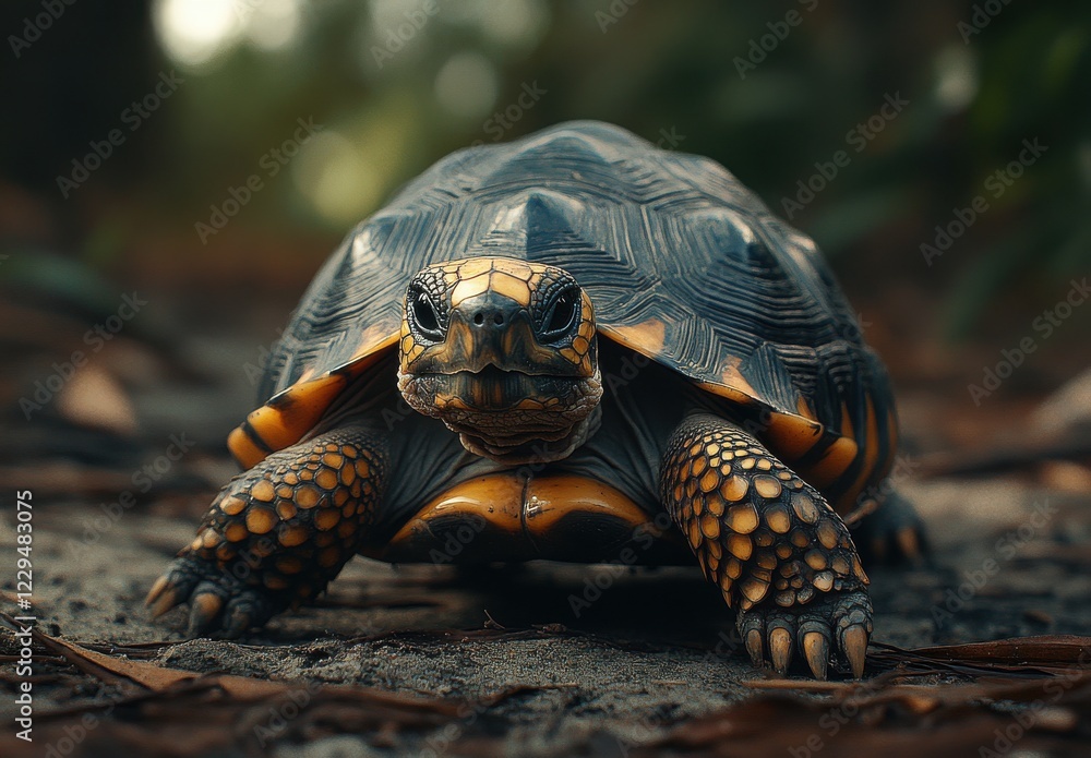 Close-up of a Beautiful Tortoise with Intricate Shell Patterns Crawling on a Forest Floor in Natural Lighting Close-up of a Beautiful Tortoise with Intricate Shell Patterns Crawling on a Forest Floor in Natural Lighting