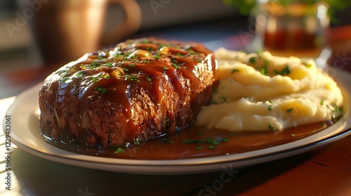 Savory Meatloaf Served with Creamy Mashed Potatoes and Rich Gravy in Cozy Dining Environment