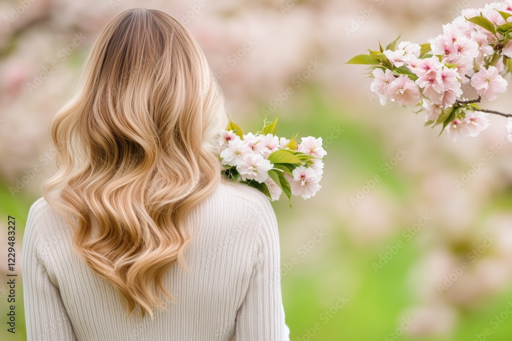 Naklejka premium A woman with long, wavy hair standing in a field of blooming cherry blossoms.