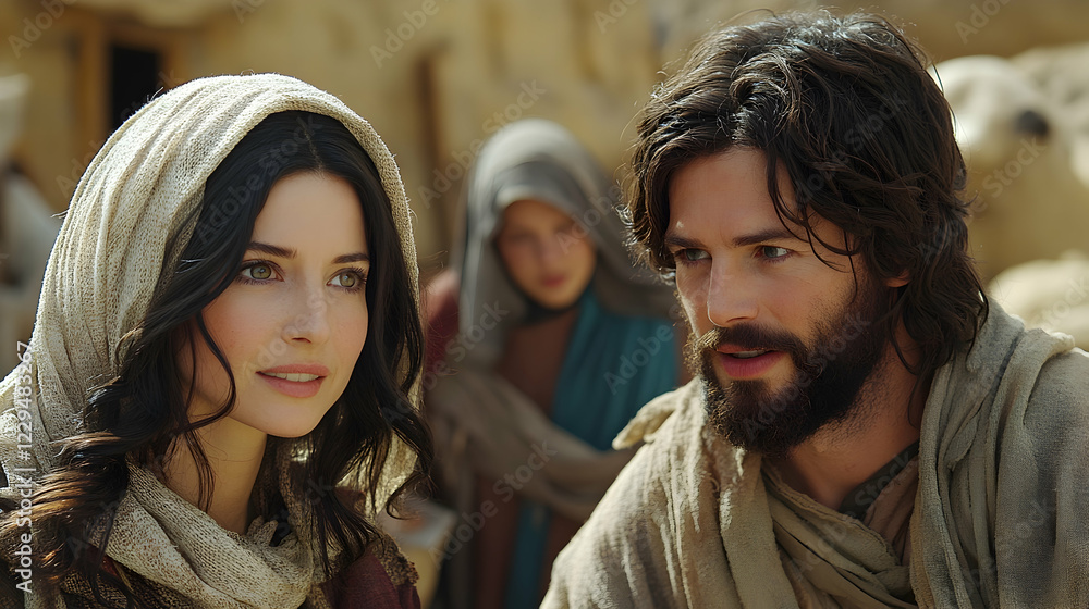 Fototapeta premium Couple conversing, desert background, child onlookers, biblical setting, historical drama scene