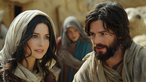 Couple conversing, desert background, child onlookers, biblical setting, historical drama scene