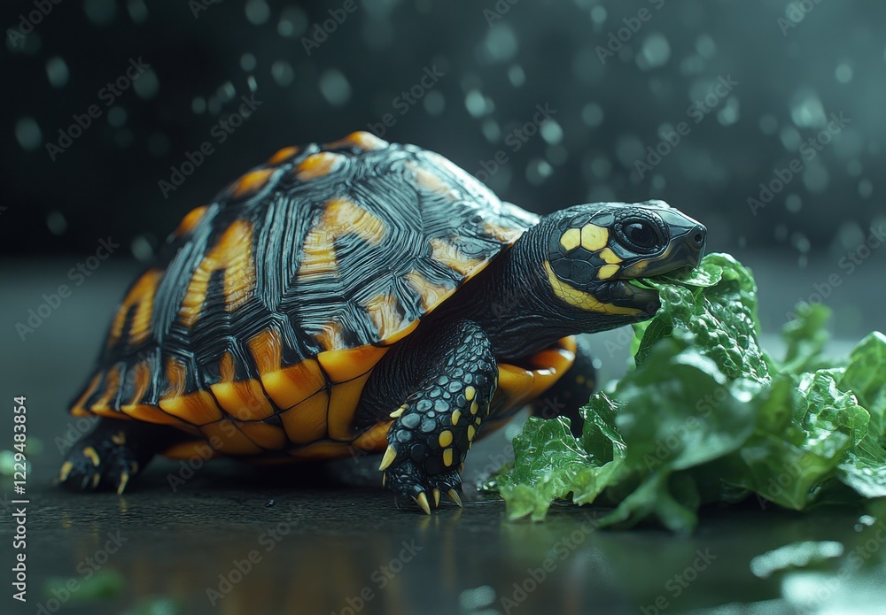 Obraz premium Close-Up of a Colorful Tortoise Eating Green Lettuce Under Soft Rainy Light in a Natural Setting with Rich Textures and Vibrant Colors