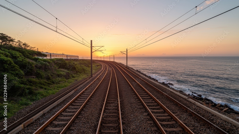 Captivating sunset view over train tracks by the ocean, showcasing nature's beauty and human engineering in harmony. Captivating sunset view over train tracks by the ocean, showcasing nature's beauty and human engineering in harmony.