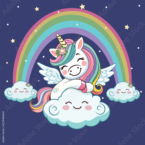 Cute humble unicorn with horn, wings and with a rainbow, hugs the cloud. Poster, Banner, Flyer, Greeting Card. Vector illustration in flat cartoon style