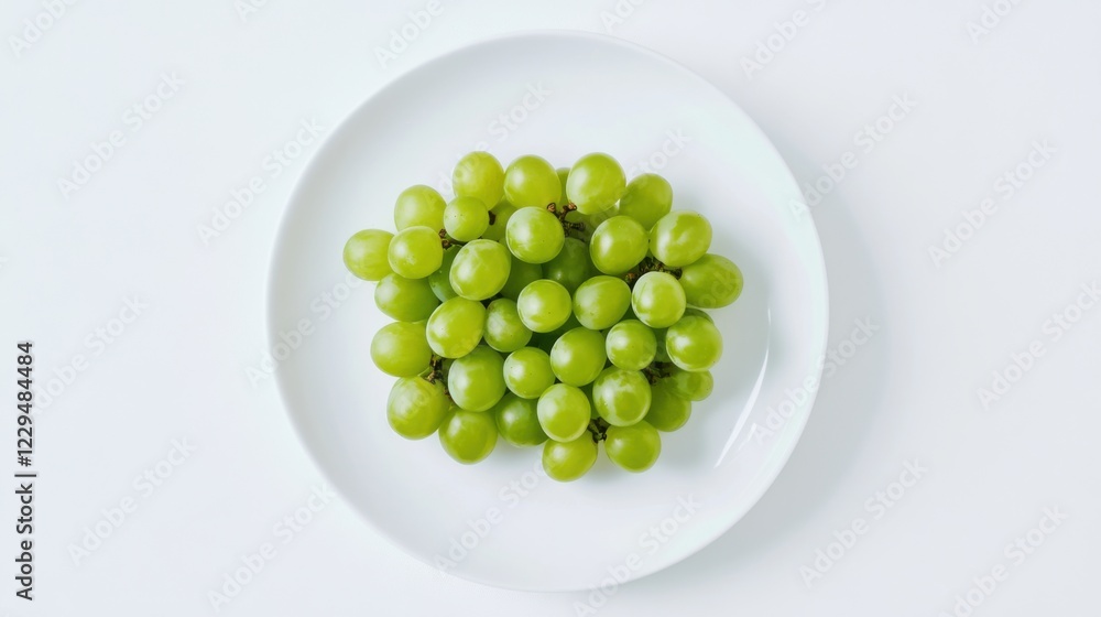 A minimalist plate of fresh green grapes, neatly arranged in a simple pattern on a plain white ceramic plate, Grapes centered A minimalist plate of fresh green grapes, neatly arranged in a simple pattern on a plain white ceramic plate, Grapes centered