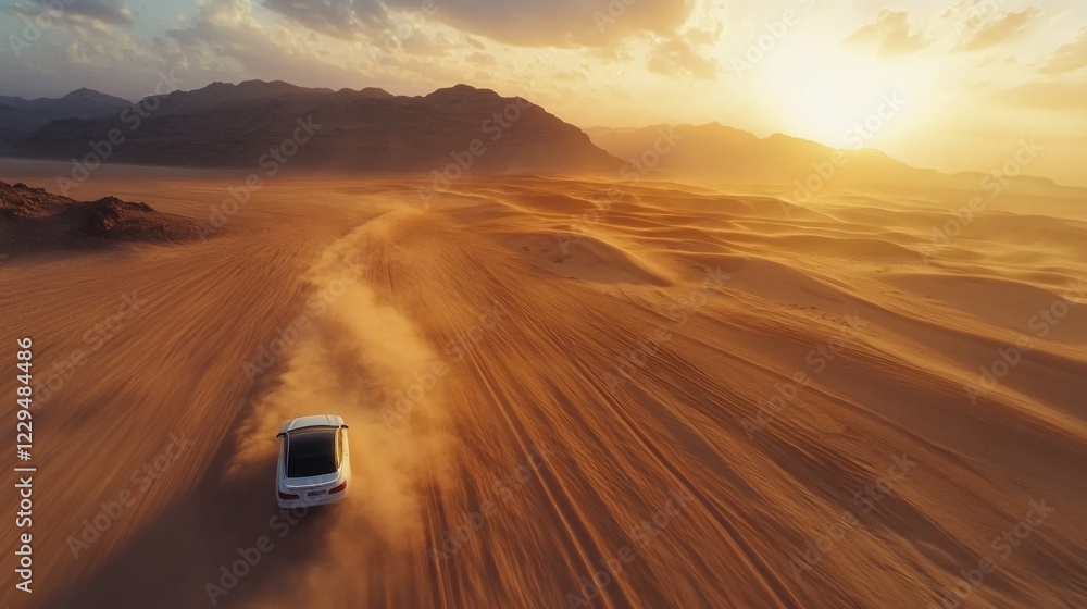 Desert Adventure: A lone car traversing golden sands at sunset, majestic mountains in the background. Desert Adventure: A lone car traversing golden sands at sunset, majestic mountains in the background.