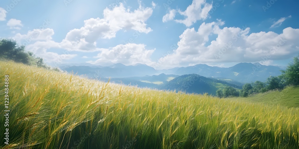 Scenic Summer Field of Swaying Barley Beneath a Blue Sky with Soft Clouds and Majestic Mountains Scenic Summer Field of Swaying Barley Beneath a Blue Sky with Soft Clouds and Majestic Mountains