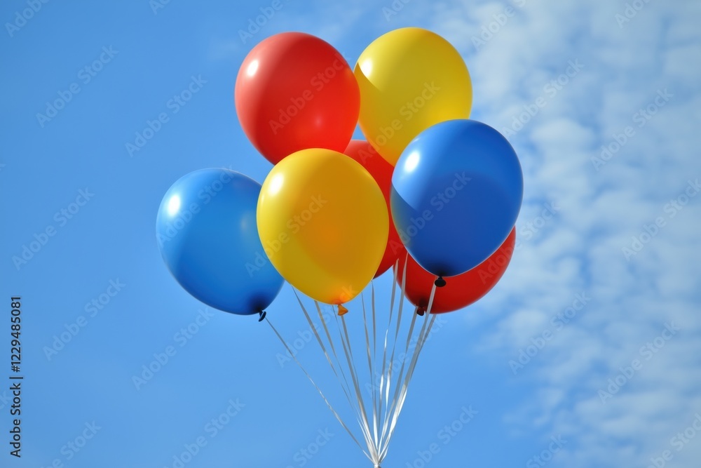 A bunch of vibrant balloons floating against a clear blue sky. A bunch of vibrant balloons floating against a clear blue sky.