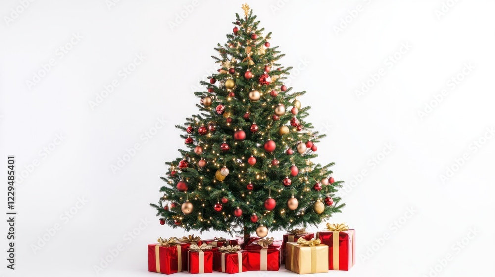 A Majestic Christmas Tree Adorned with Red and Gold Ornaments, Surrounded by Elegantly Wrapped Presents Against a Pristine White Background, Evoking a Festive and Joyful Atmosphere. A Majestic Christmas Tree Adorned with Red and Gold Ornaments, Surrounded by Elegantly Wrapped Presents Against a Pristine White Background, Evoking a Festive and Joyful Atmosphere.