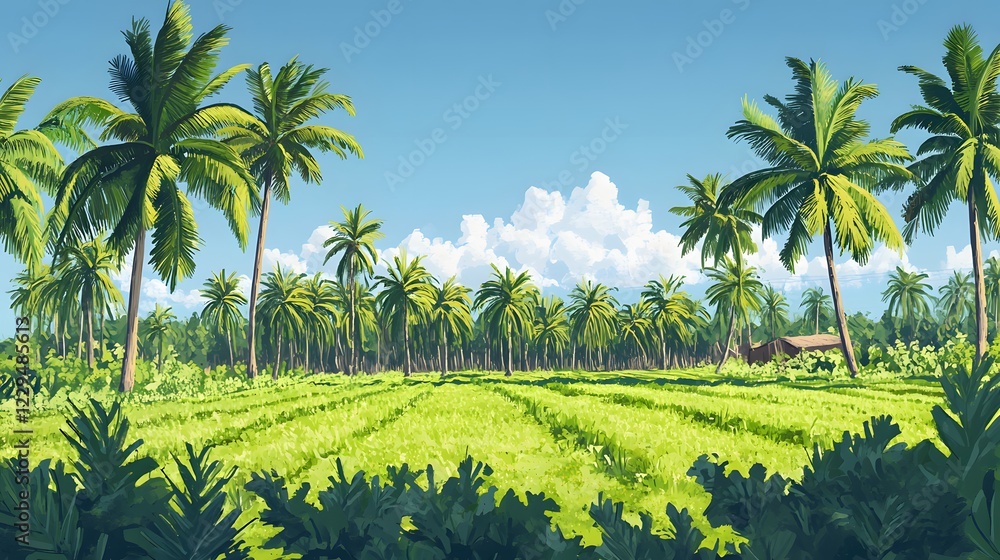 Fototapeta premium Lush Tropical Farm Landscape with Coconut Palms Under a Clear Blue Sky and Vibrant Green Fields