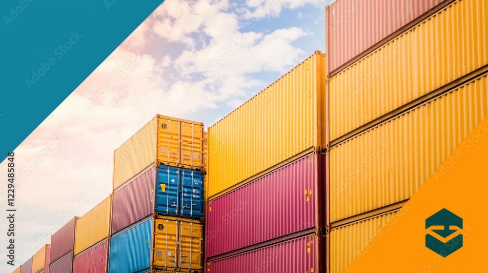 Fototapeta premium Colorful shipping containers stacked under a blue sky, representing logistics and global trade. Ideal for transport themes.