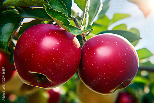 Two Ripe Red Apples Hang on...