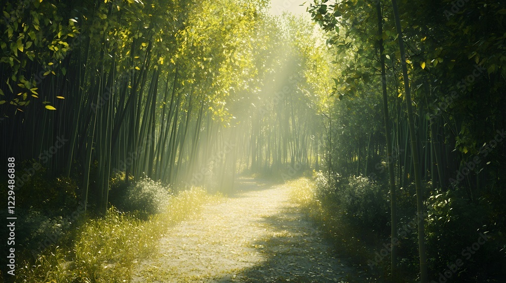Naklejka premium Serene Bamboo Forest with Sunlight Streaming Through Leaves in a Peaceful Natural Environment