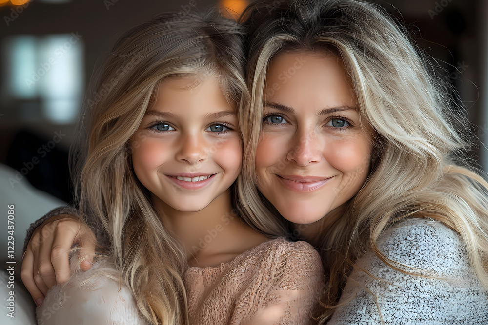 A heartwarming image of a mother and daughter laughing together in a cozy home setting A heartwarming image of a mother and daughter laughing together in a cozy home setting