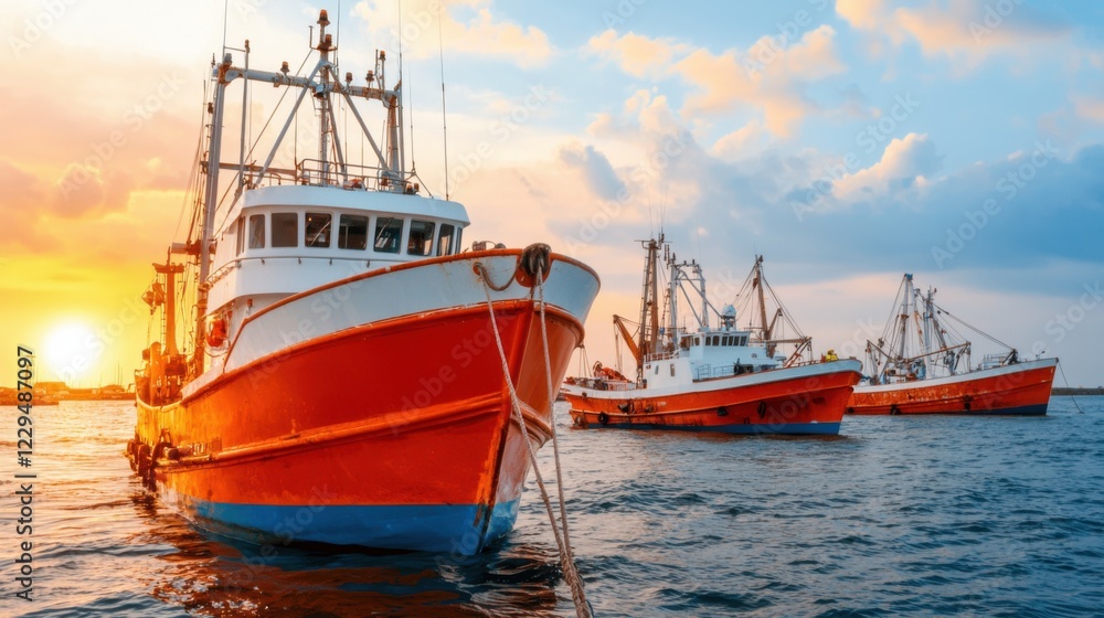 Fishing boats docked at sunset, with vibrant skies and calm waters setting a serene coastal scene tailored for maritime enthusiasts. Fishing boats docked at sunset, with vibrant skies and calm waters setting a serene coastal scene tailored for maritime enthusiasts.