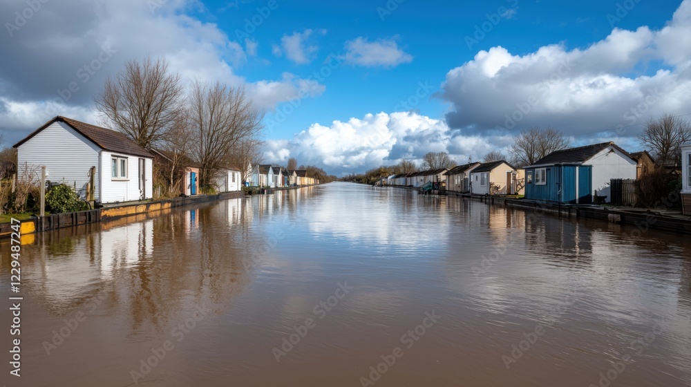 Flooded residential street under clear blue sky, reflecting clouds and houses, illustrating the impact of natural disasters. Flooded residential street under clear blue sky, reflecting clouds and houses, illustrating the impact of natural disasters.