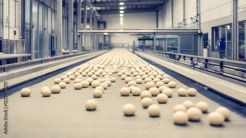 Eggs move on conveyor belt ...