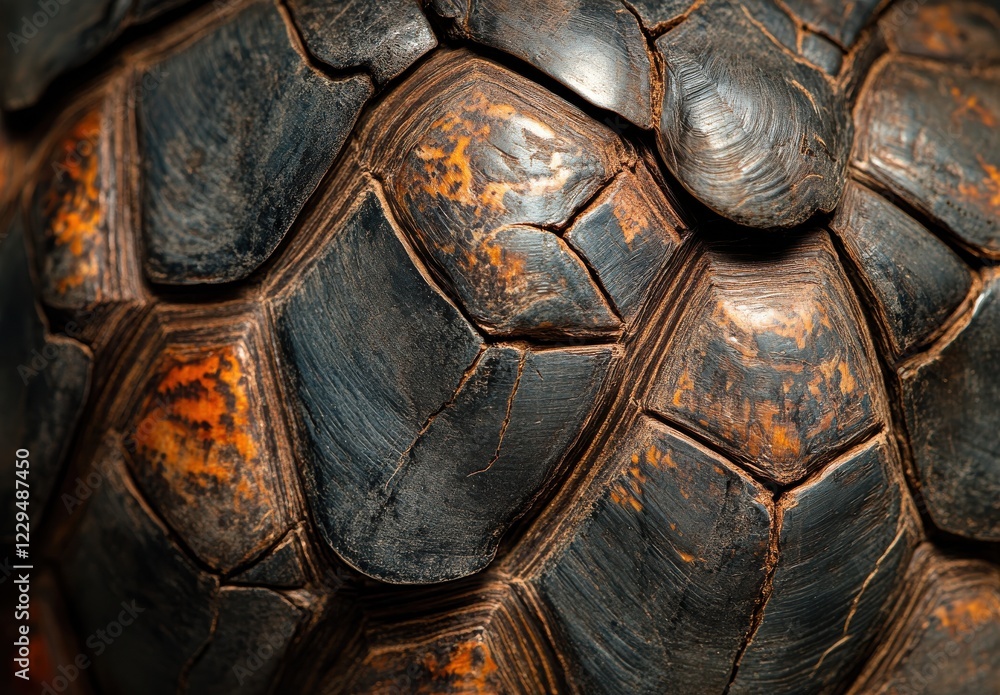 Close-up of a Textured Tortoise Shell Showing Natural Patterns and Rich Colors Reflecting in Natural Lighting in Nature Setting Close-up of a Textured Tortoise Shell Showing Natural Patterns and Rich Colors Reflecting in Natural Lighting in Nature Setting