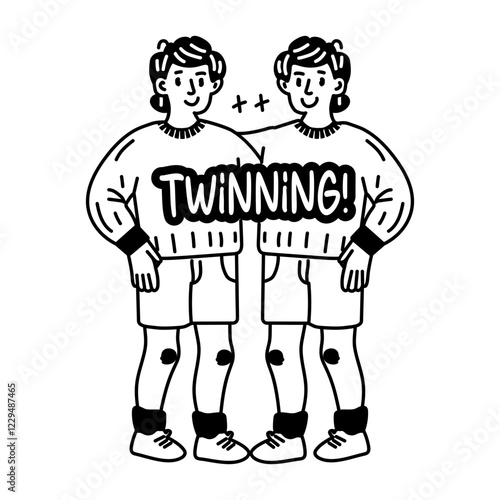 Two people wearing matching outfits with twinning typography, glyph style sticker 