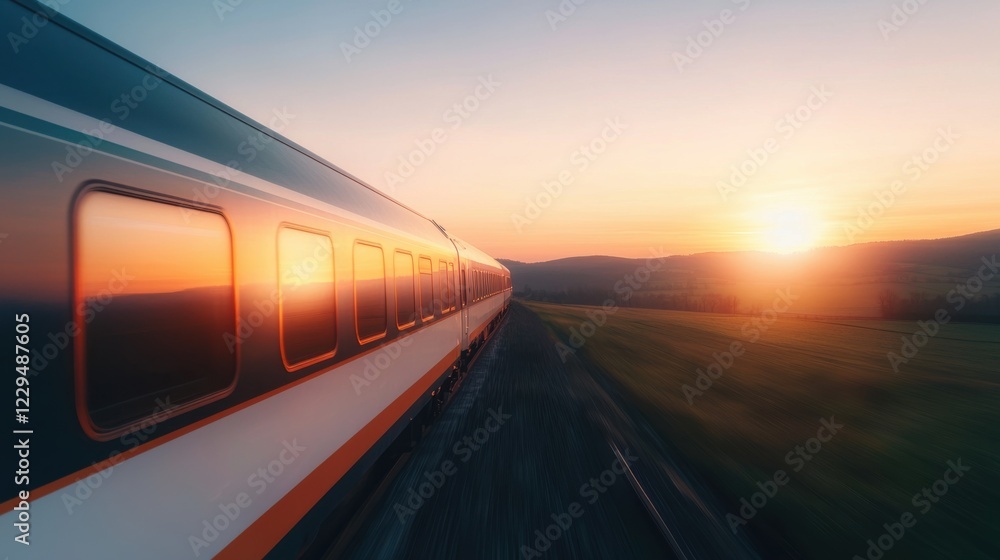 Naklejka premium High-speed train traveling through scenic landscape at sunset, highlighting a serene journey and modern technology.