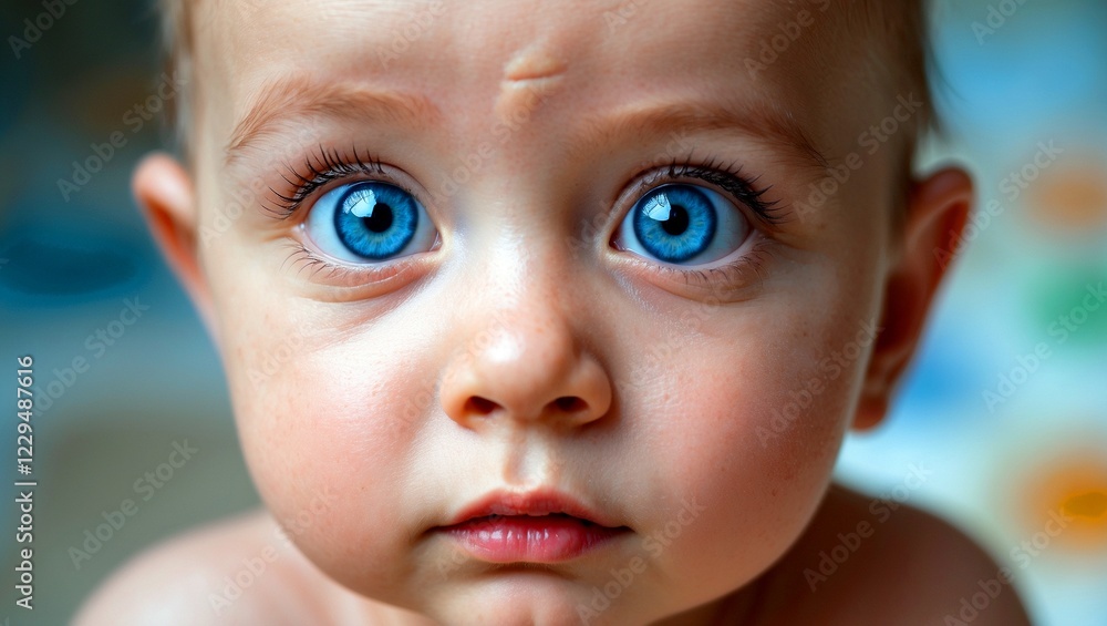Curious baby with big blue eyes gazing intently Curious baby with big blue eyes gazing intently