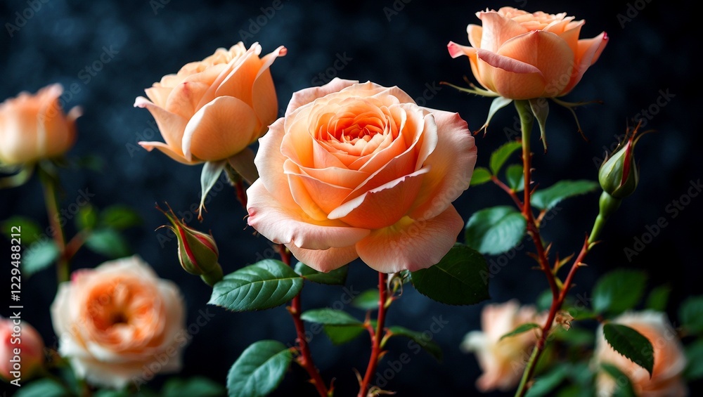 Delicate peach rose blooming against dark background Delicate peach rose blooming against dark background