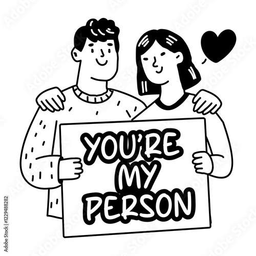 A glyph sticker of lovely soulmates holding a sign that says you are my person