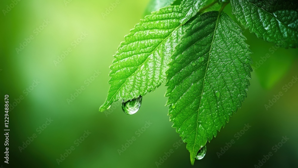 Closeup of a green leaf with a water drop on its surface Closeup of a green leaf with a water drop on its surface