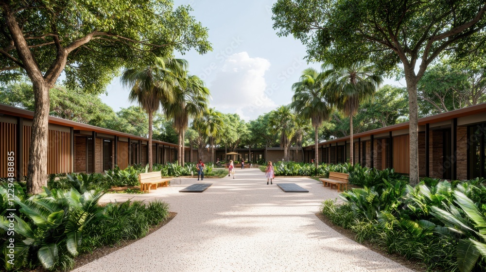 Modern resort courtyard with lush greenery and wooden architecture, creating a serene outdoor environment for relaxation and leisure. Modern resort courtyard with lush greenery and wooden architecture, creating a serene outdoor environment for relaxation and leisure.