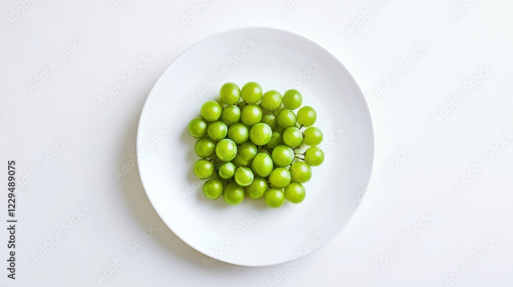 A minimalist plate of fresh green grapes, neatly arranged in a simple pattern on a plain white ceramic plate, Grapes centered A minimalist plate of fresh green grapes, neatly arranged in a simple pattern on a plain white ceramic plate, Grapes centered