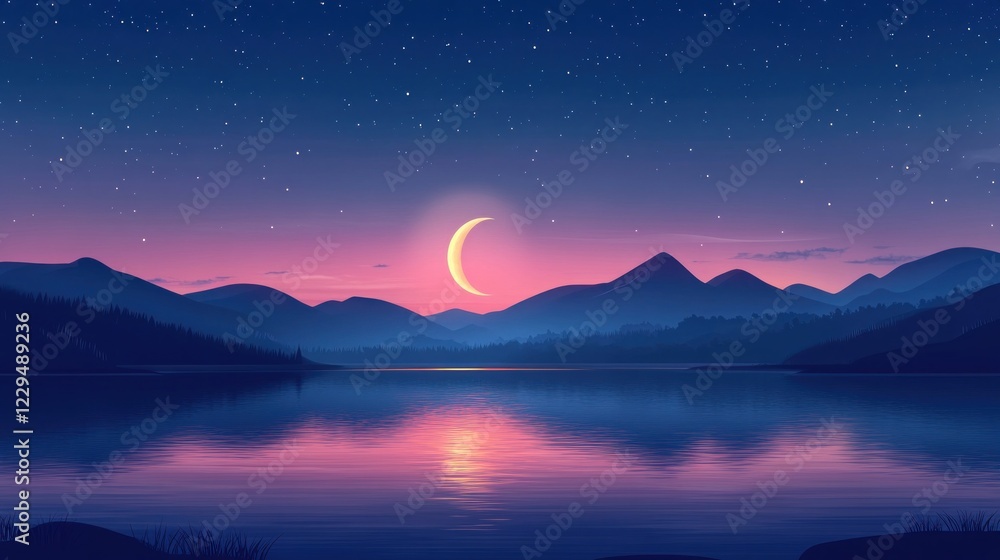 Crescent Moon over Serene Mountain Lake Crescent Moon over Serene Mountain Lake