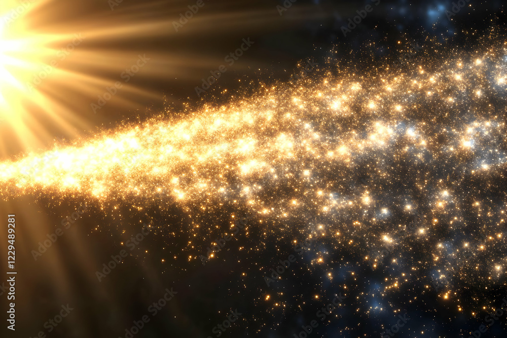 Naklejka premium Golden Sparkle Trail Flows Across Dark Background with Light Rays Beautifully Illuminated.
