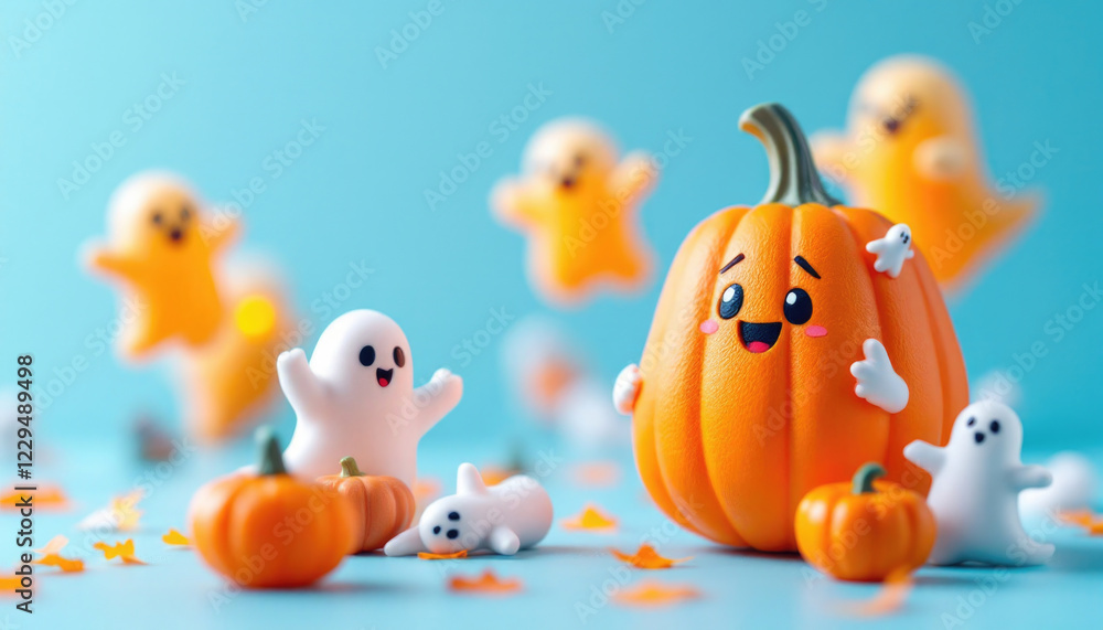 Cheerful cartoon pumpkin and ghosts in festive halloween scene Cheerful cartoon pumpkin and ghosts in festive halloween scene
