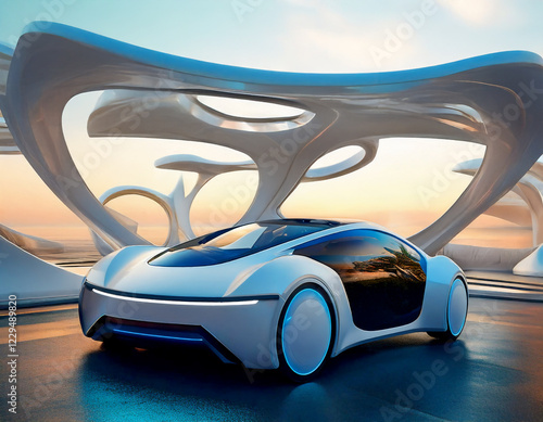 未来的でデザインがスポーツ的なAI自動運転車両。背景は芸術的なオブジェクト。